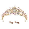 thumbnail image 1 of EeaseCA 1 Set Elegant Jewelry Rhinestone Inlaid Baroque Crown and Earrings for Bride Lady (Golden Base with Pink Rhinestone), 1 of 7