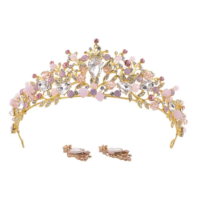 EeaseCA 1 Set Elegant Jewelry Rhinestone Inlaid Baroque Crown and Earrings for Bride Lady (Golden Base with Pink Rhinestone)