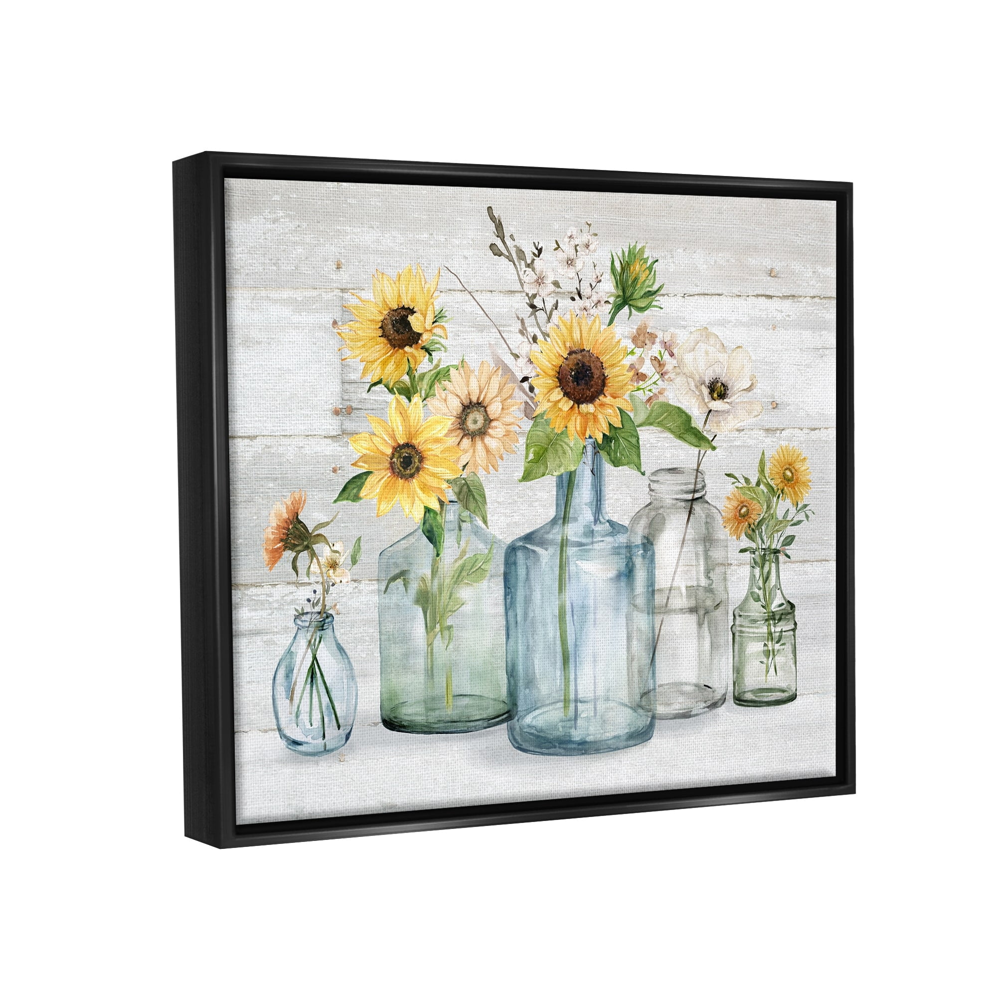 Stupell Industries Varied Country Flower Blooms Rustic Planked Pattern Graphic Art Jet Black Floating Framed Canvas Print Wall Art, Design by Carol Robinson