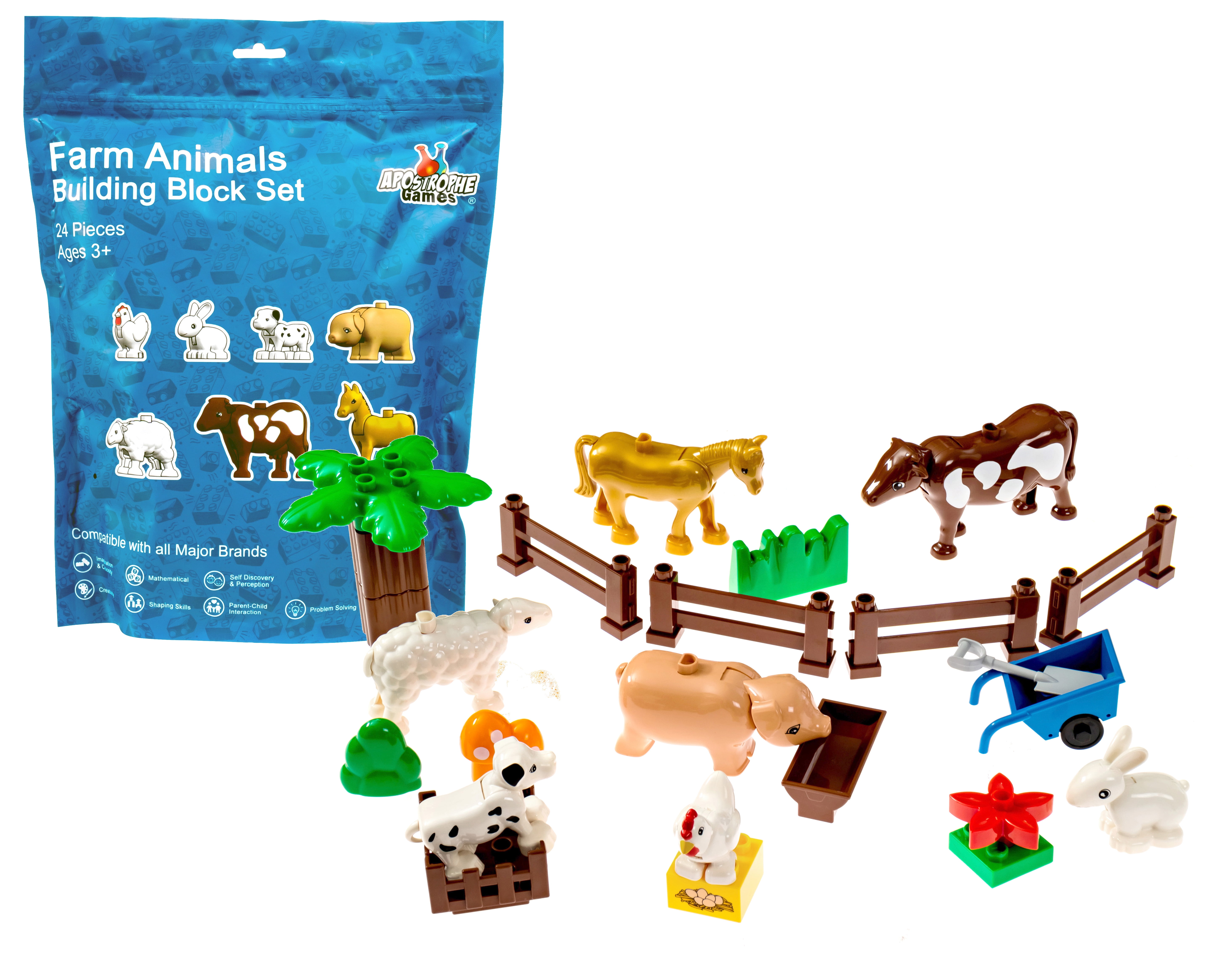 Apostrophe Games Farm Animals Large Block Building Block Set (24 Pieces)  Compatible with Leading Brand Building Blocks 