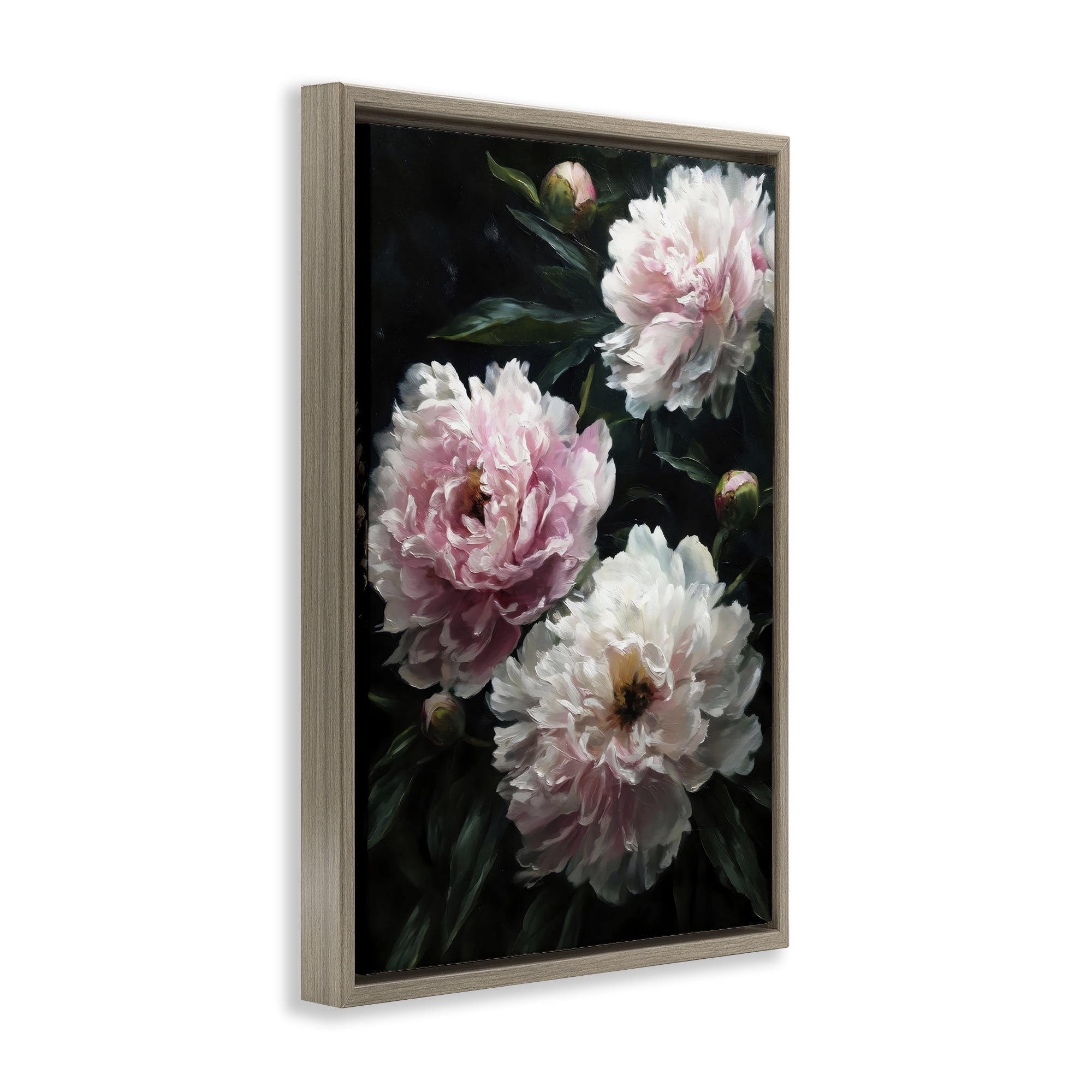 Stupell Industries Soft Pink Peony Garden Brown Framed Floater Canvas Wall Art, design by Petal Prints Design
