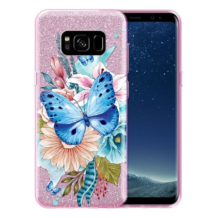 FINCIBO Pink Gradient Glitter Case, Sparkle Bling TPU Cover for Samsung Galaxy S8, Watercolor Blue Butterfly