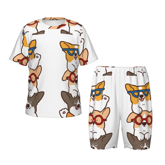 Balery Corgi Dog2 Conjunto de Pijama Infantil de Manga Corta con Estampado – Ropa de Dormir de Algodón Suave-X-Large