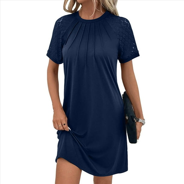 Vestido Camisero de Verano para Mujer, de Corta con Encaje, Informal, Cuello Redondo, Plisado, Azul XL