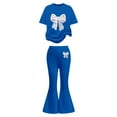 thumbnail image 5 of Glisme Girls Outfit Casual Bow Short Sleeve Top And Flare Pants Comfy Two Piece Set Playwear Adorable Matching Set Size 11-12 Years Blue, 5 of 5