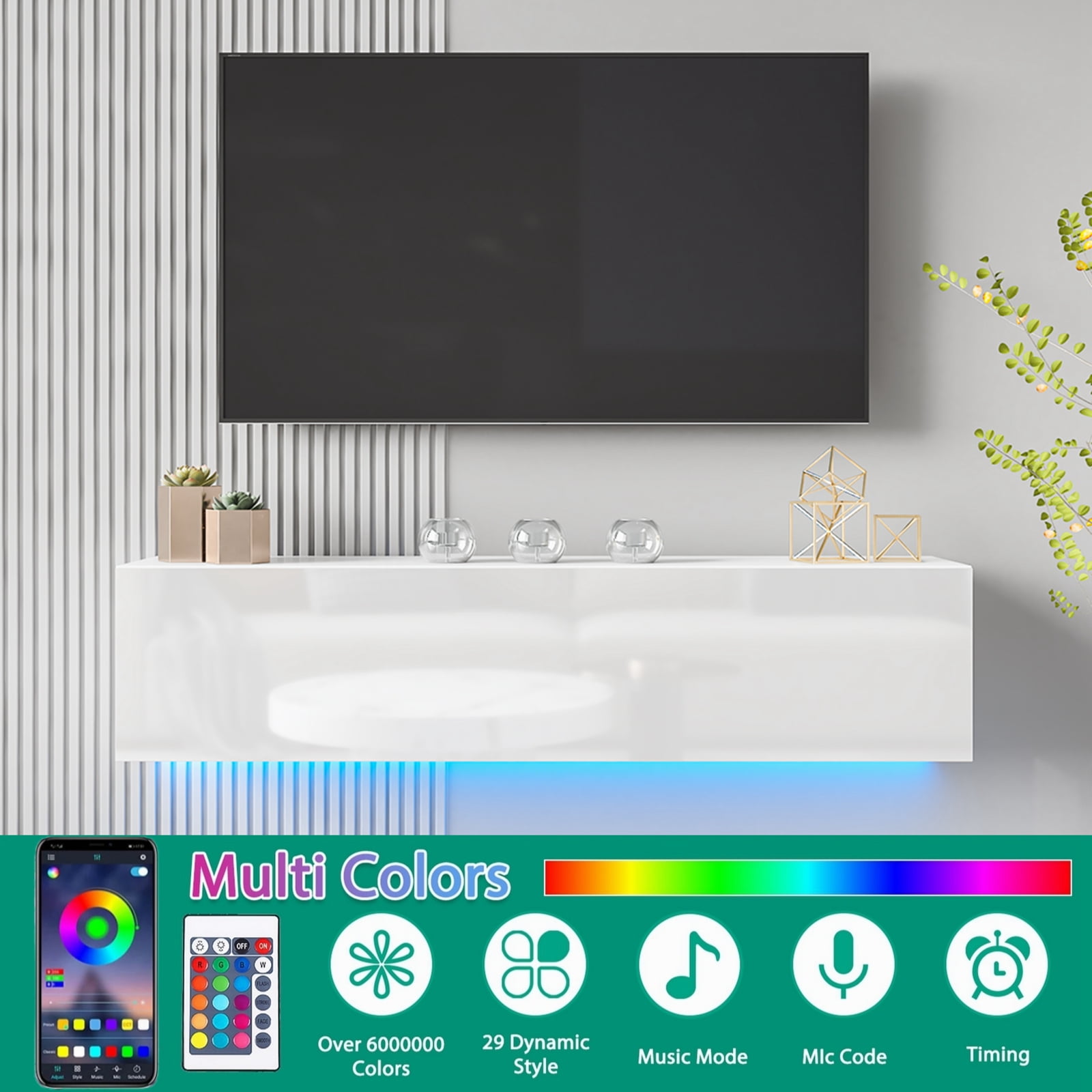 Hommpa Wall Mounted Floating TV Stand with LED Lights Modern Entertainment Center for TVs for up to 65" Media Console TV Unit with Storage Cabinets White High Gloss for Living Room Bedroom