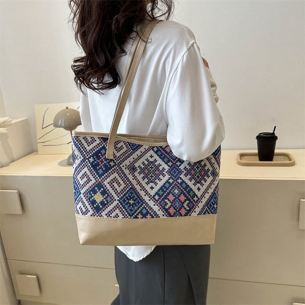 Bolso de mano para mujer, Bolso de hombro tejido de tela PU, Bolso grandes de retazos (caqui)