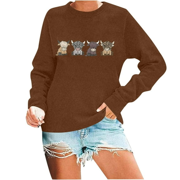 IWRICH Women's Highland Cow Sweatshirt Cute Animal Graphic Farm Pullover Tops Country Western Casual Long Sleeve T Shirts Pink 110