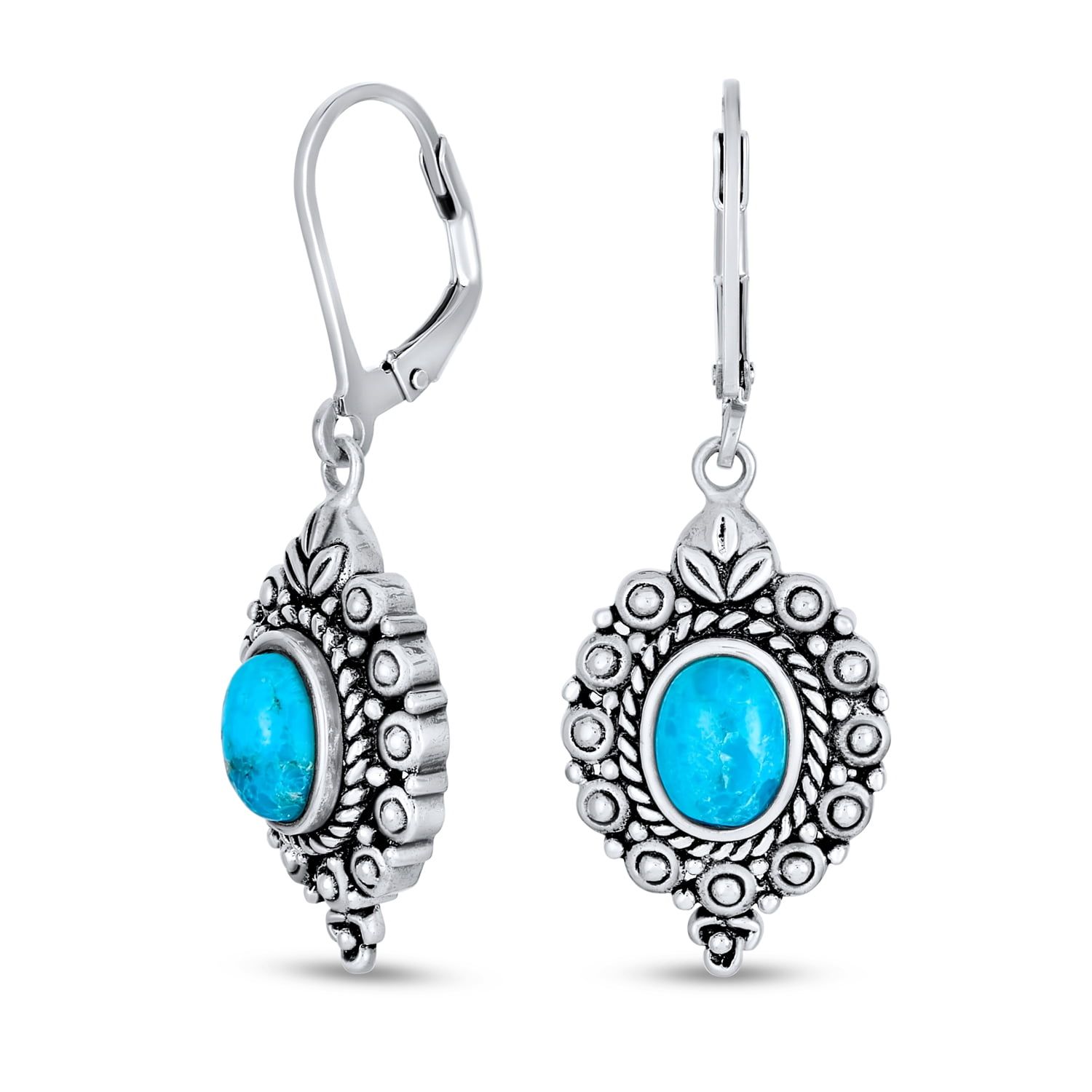 Blue Marquise Oval Crystal Simulated Turquoise Color December Birthstone Hypoallergenic Rhodium Plated Simple Drop Dangle Leverback Earrings Gift Idea