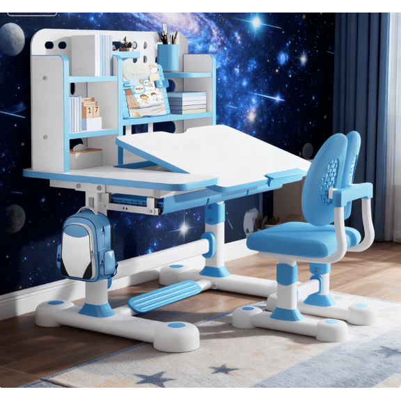 Dapmiu Kids Study Desk Chair Set with 0-50° Adjustable Tilt Desktop, Ideal for Drawing & Computer Use Blue
