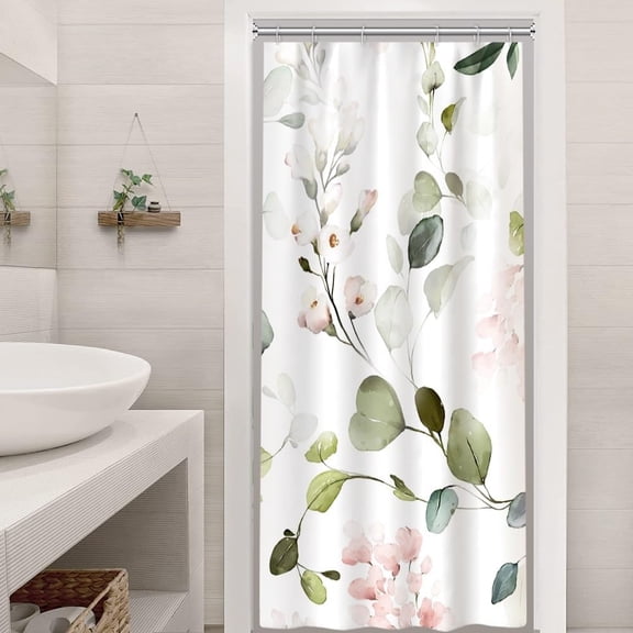 Sage Green Eucalyptus Shower Curtain, Green and Pink Shower Curtain Set for Bathroom Waterproof Pink Floral Shower Curtain Set with Hooks, 72x72 Inch