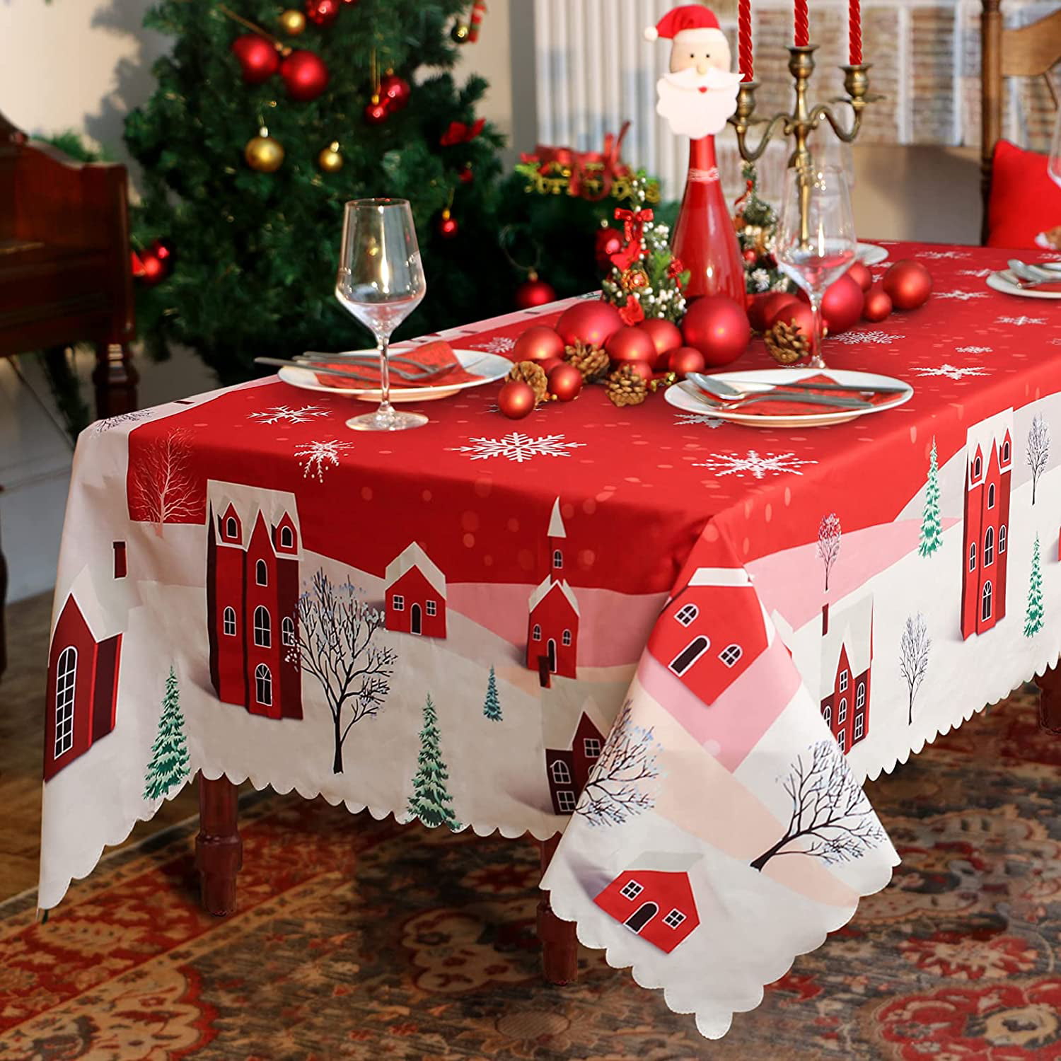 WOOR Holiday Deer Merry Christmas and New Year Tablecloth Polyester for Birthday Party Wedding Holiday Kitchen Dining Room Table Covers Decoration Table Cloth Rectangle/Oblong 60x120 Inch 