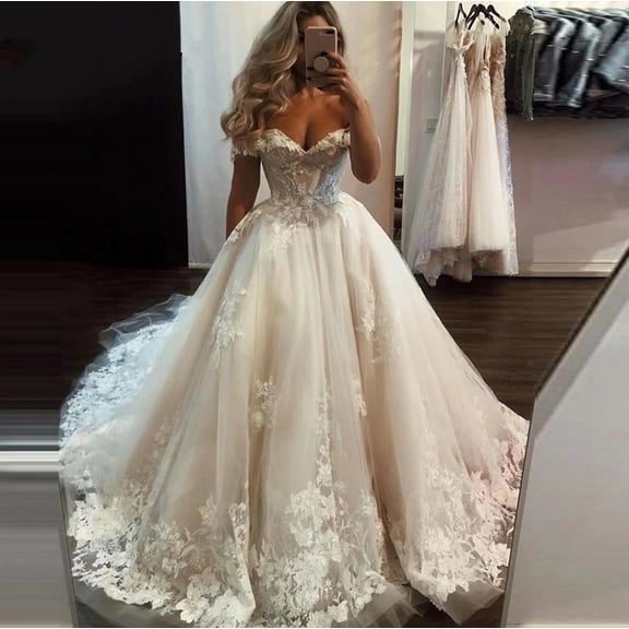 Boho Wedding Dresses Off Shoulder V Neck Lace Appliques Beach Tulle Bridal Gown