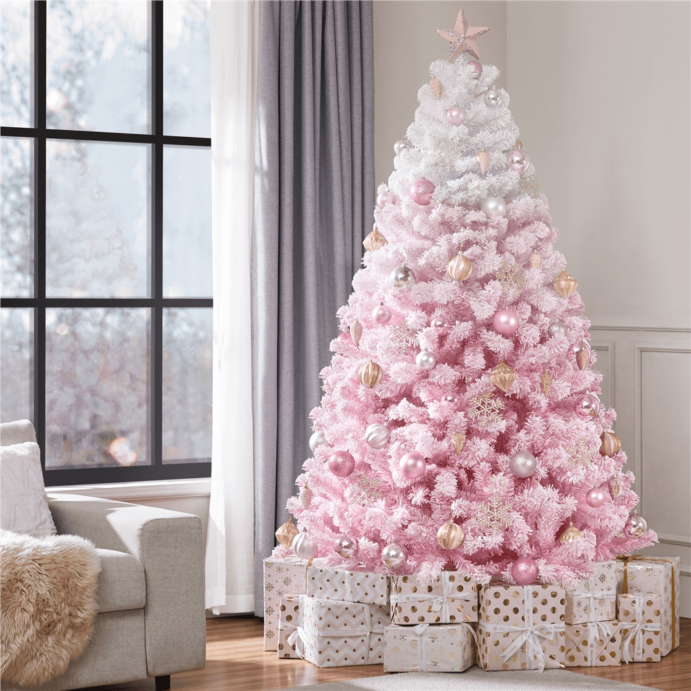 Renwick 7.5ft Flocked Artificial Christmas Tree with Foldable Stand, Pink Gradient