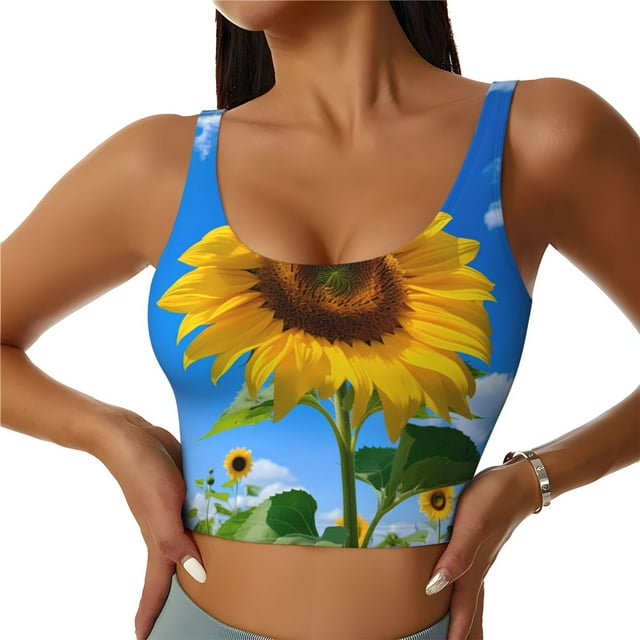 Fotbe Blue Sky Sunflower Sujetador Deportivo Largo sin Aros para Mujer con Almohadillas y Soporte Medio, Transpirable y Absorbente, Camiseta Tipo Chaleco o Tank Top-Large