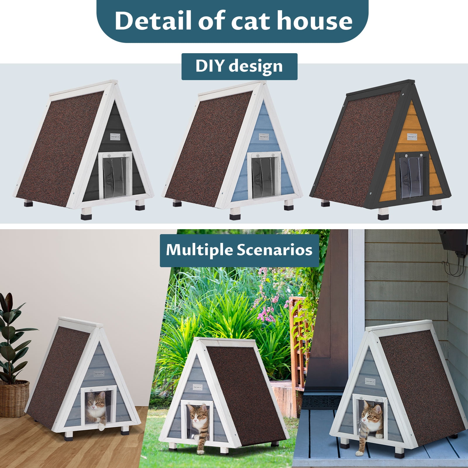 Petsfit Outdoor Cat House, Weatherproof Cat Shelter with Escape Door for Winter, Suitable for Small Animals, Grey