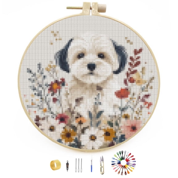 DIY Stamped Cross Stitch Kits Havanese Dog in Flowers Easy for Beginners with Hoop 11CT Counted Embroidery Needlepoint Crafts Arts for Handmade Enthusiasts and Home Decor 30x30cm(2)