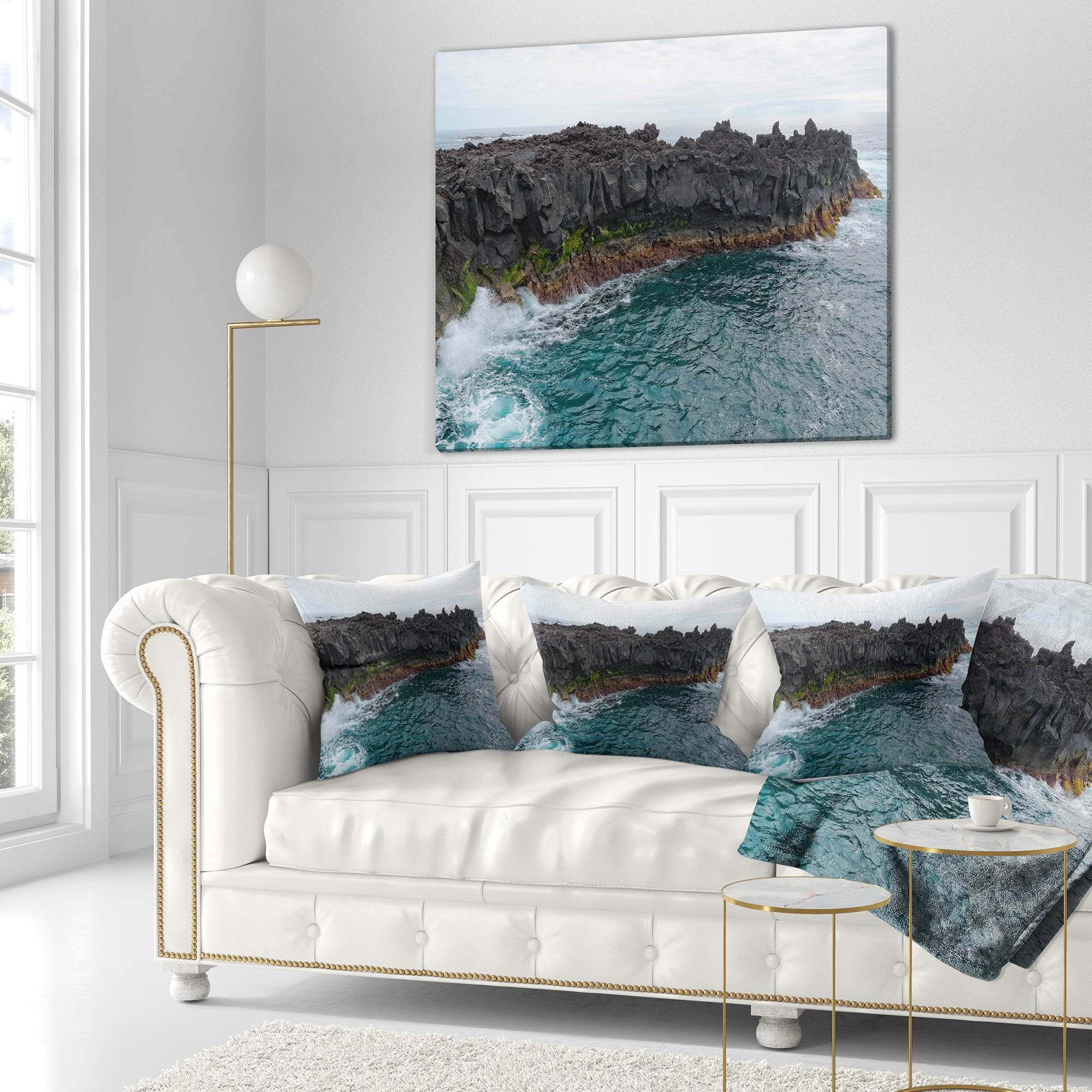 Designart Rocky Coast with Moss in Azores - Seashore Throw Pillow - 16x16
