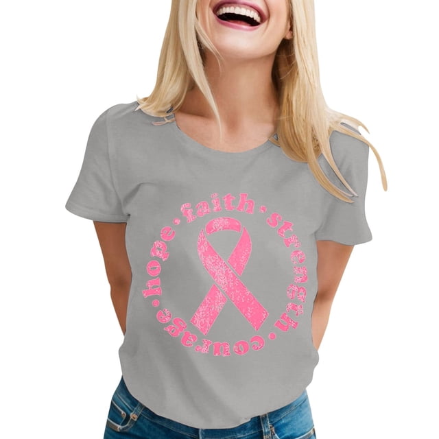 T-shirt à Manches Courtes Imprimé Lettres Col Rond Cancer du Sein Décontracté à la Mode pour Femmes Taille 4