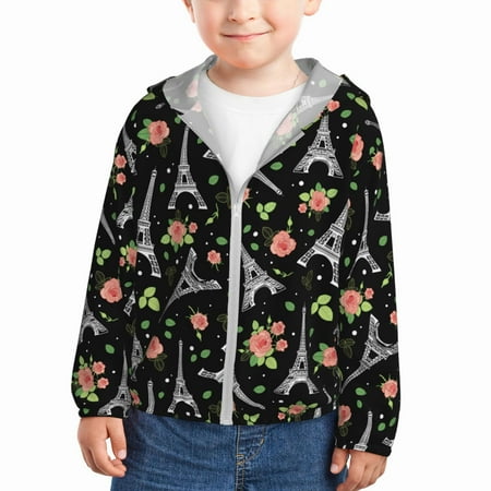 

Sun Hoodie for Kids rose Eiffel Tower Long Sleeve Swim Fishing Shirts Sun Protection Zip Up Jacket Clothing Athletic Hoodie