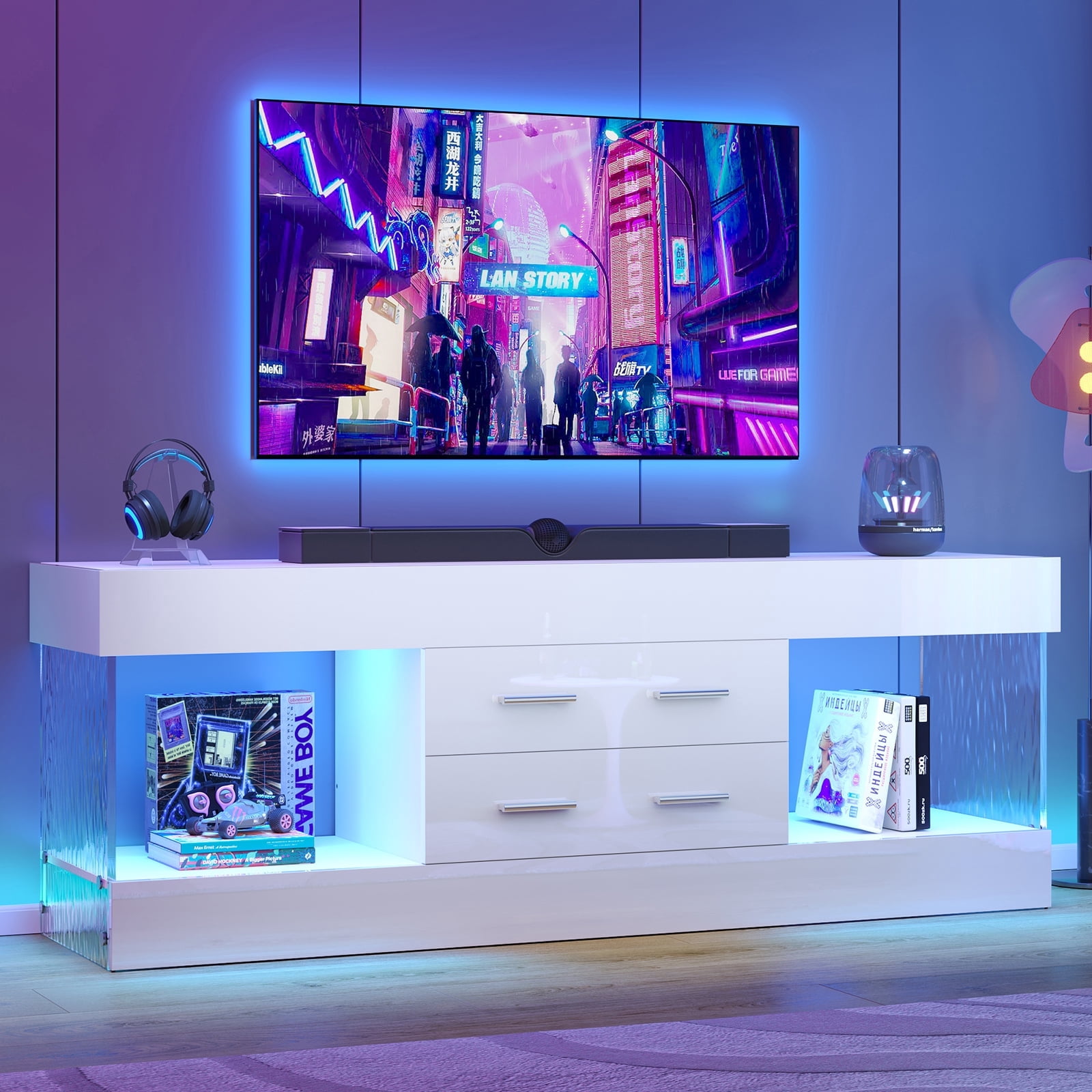 Bestier White TV Stand for TVs up to 65", Modern High Gloss Entertainment Center for TVs with LED Light, TV Console Table with 2 Storage Drawers