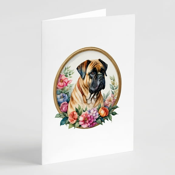 Bullmastiff and Flowers Greeting Cards and Envelopes Pack of 8 7 in x 5 in