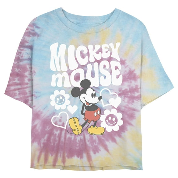Juniors' Mickey & Friends Groovy Hearts and Smilies Logo White Cropped T-Shirt Blue/Pink/Light Yellow Medium