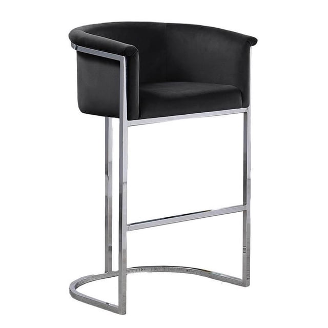Tabouret de Bar en Velours Noir (Unité) avec Base en Métal Chromé Argenté