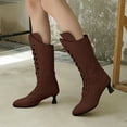 thumbnail image 2 of Mid Calf Boots for Women Vintage Leather Pointed Toe Kitten Heel Dress Wide Calf Booties, 2 of 5