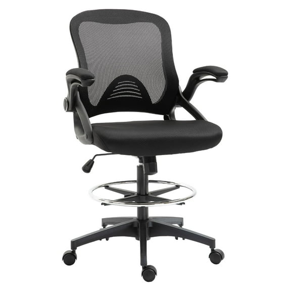 SAZYY Drafting Chair, Tall Office Chair with Lumbar Support, Flip-Up Armrests, Footrest Ring & Adjustable Seat Height, Black