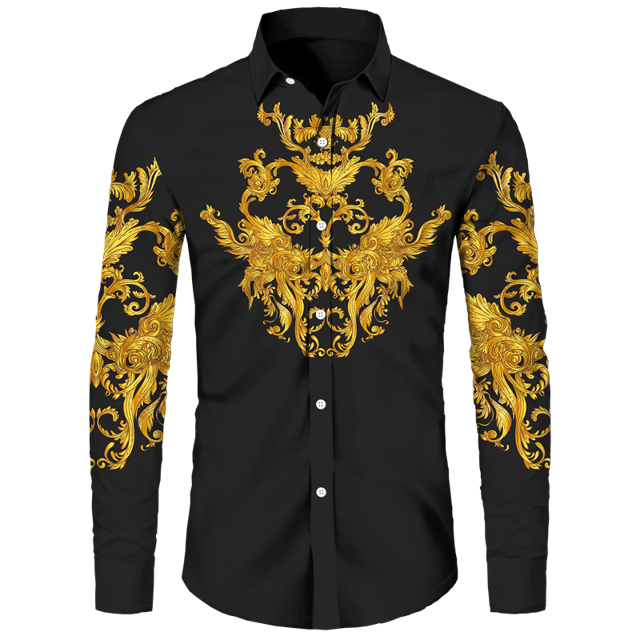 Camisas con estampado 3D de león dorado para hombre, Tops de manga larga con cuello vuelto y botones, ropa de calle de estilo barroco a la moda