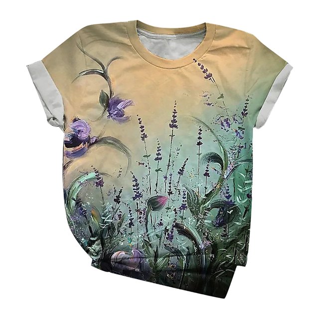 Gibobby Camisetas de verano para mujer Camiseta manga corta con cuello redondo y estampado floral para mujer(Azul claro,M)