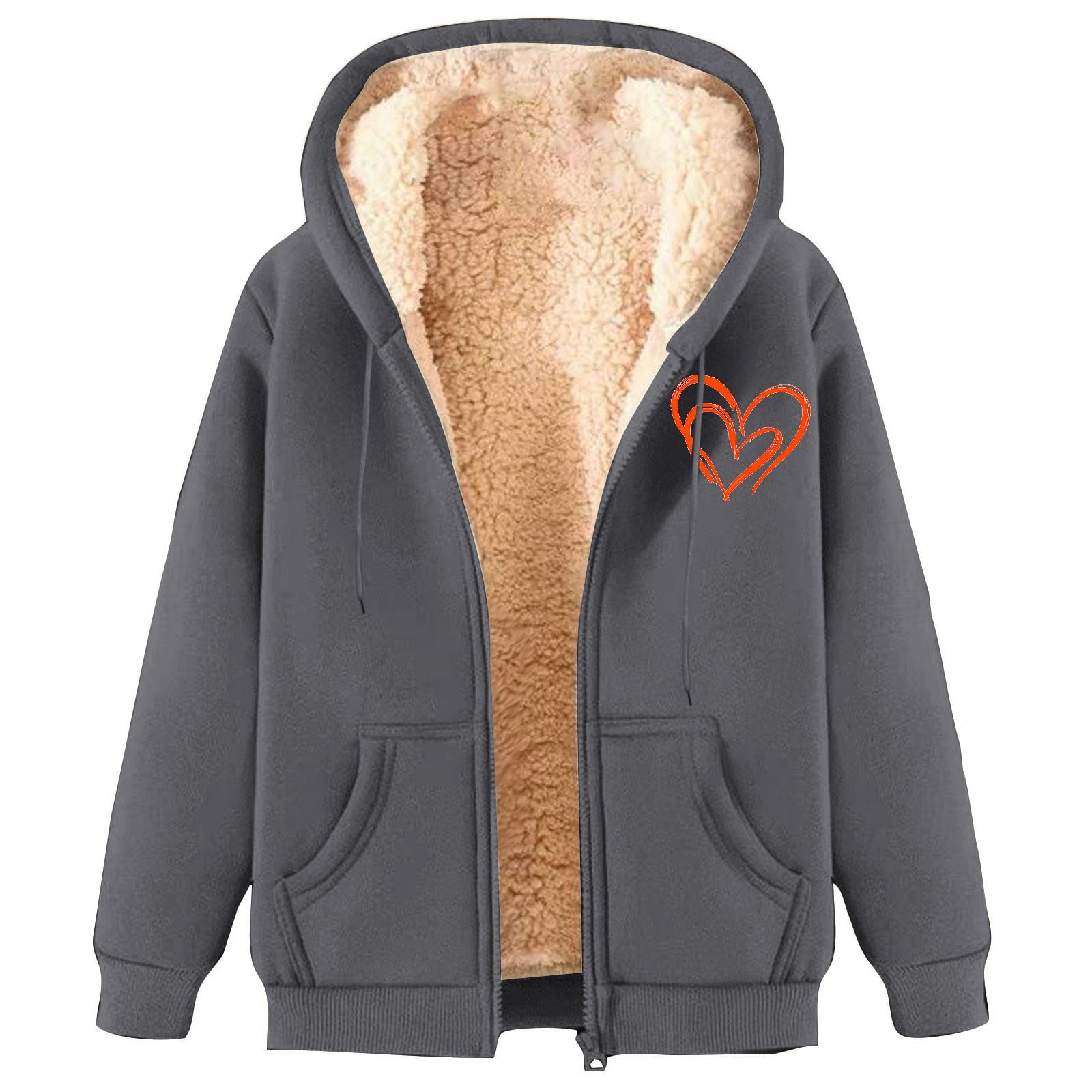 Xdegoge Heavy Fleece Jacket Women Sherpa Lined Fuzzy Casual Oversized Heart Graphic Hoodies Warm Long Sleeve Hooded Full Zip Jackets Cold Weather Cozy Thermal Winter Fashion Clothes with Pockets