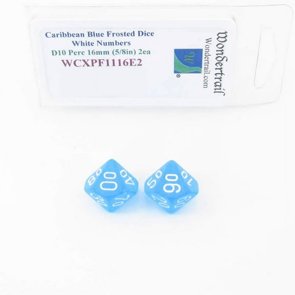 Caribbean Blue Frosted Dice with White Numbers D10 Perc Aprox 16mm (5/8in) Pack of 2 Wondertrail