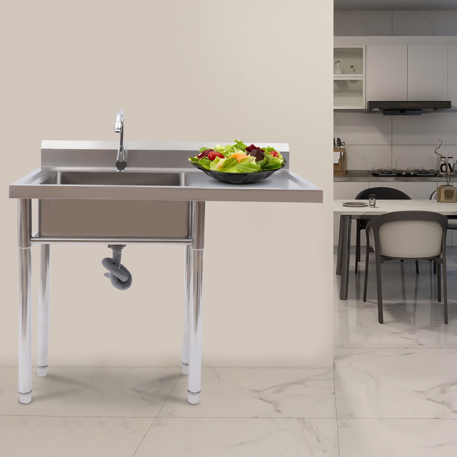 ChicHomey Heavy-Duty Stainless Steel Prep Sink Station,4" Anti-Splash Backsplash,Spacious Workbench & X-Drain Tech,Freestanding Design for Kitchens & Laundry Rooms