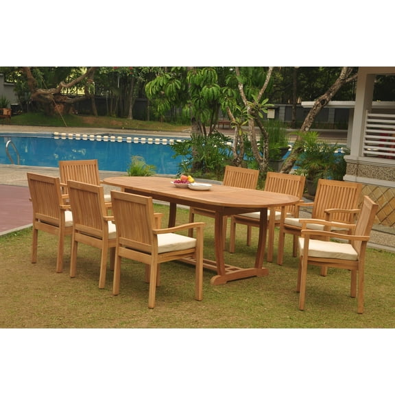 Grade-A Teak Dining Set: 8 Seater 9 Pc: 94" Mas Oval Trestle Leg Table And 8 Leveb Stacking Arm Chairs Outdoor Patio WholesaleTeak #WMDSWVm