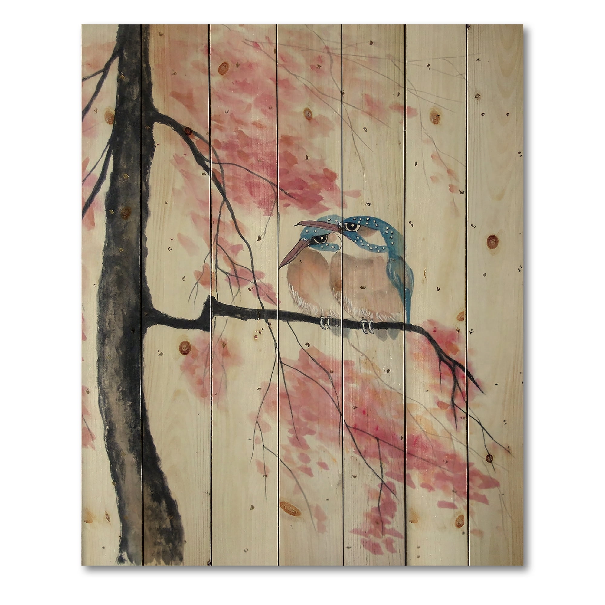 Designart 'Two Blue Kingfisher Birds Sitting On A Flowering Branch' Traditional Print on Natural Pine Wood