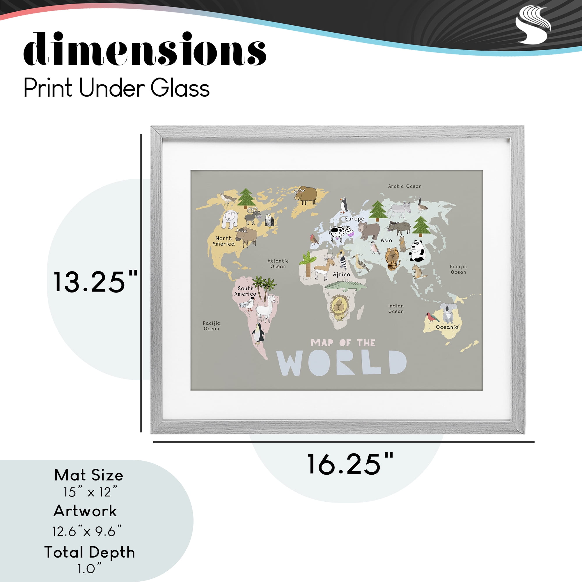 Kid's Map Of World Grey Gray Framed Print Under Glass, design by Carla Daly