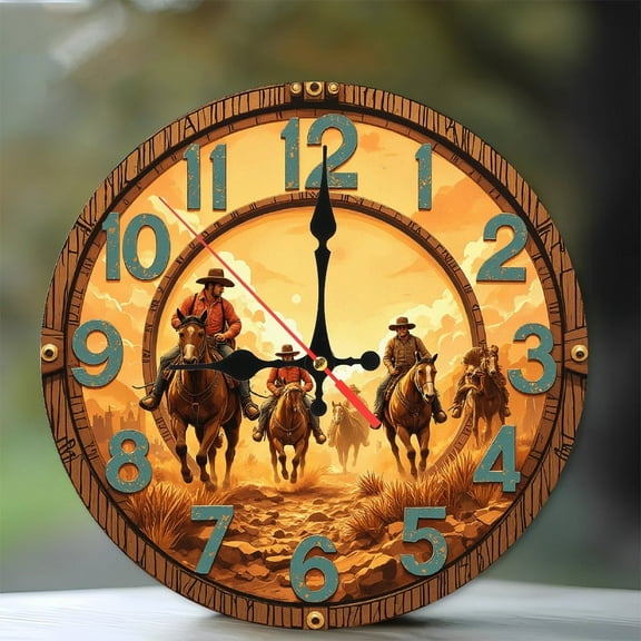 Cowboys Riding Horses Sunset Wall Clock 10-Inch Silent Wooden Wall Clock, Battery Operated (AA Batteries Not Included), Artistic Home Decor
