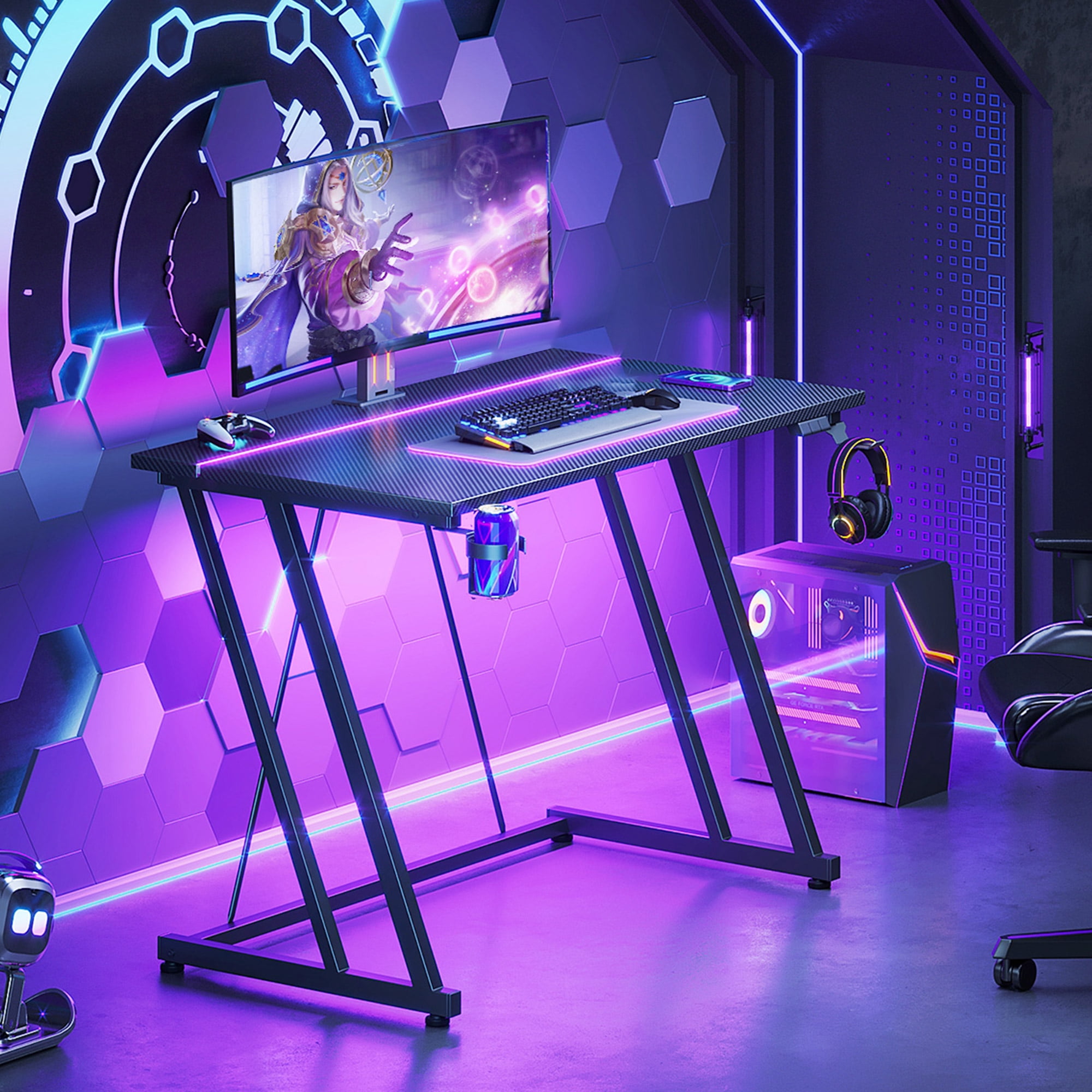 31.5 inch Gaming Desk with Z-Leg Design, Computer Desk with LED Light, Gaming Table Suitable for Small Space, Black