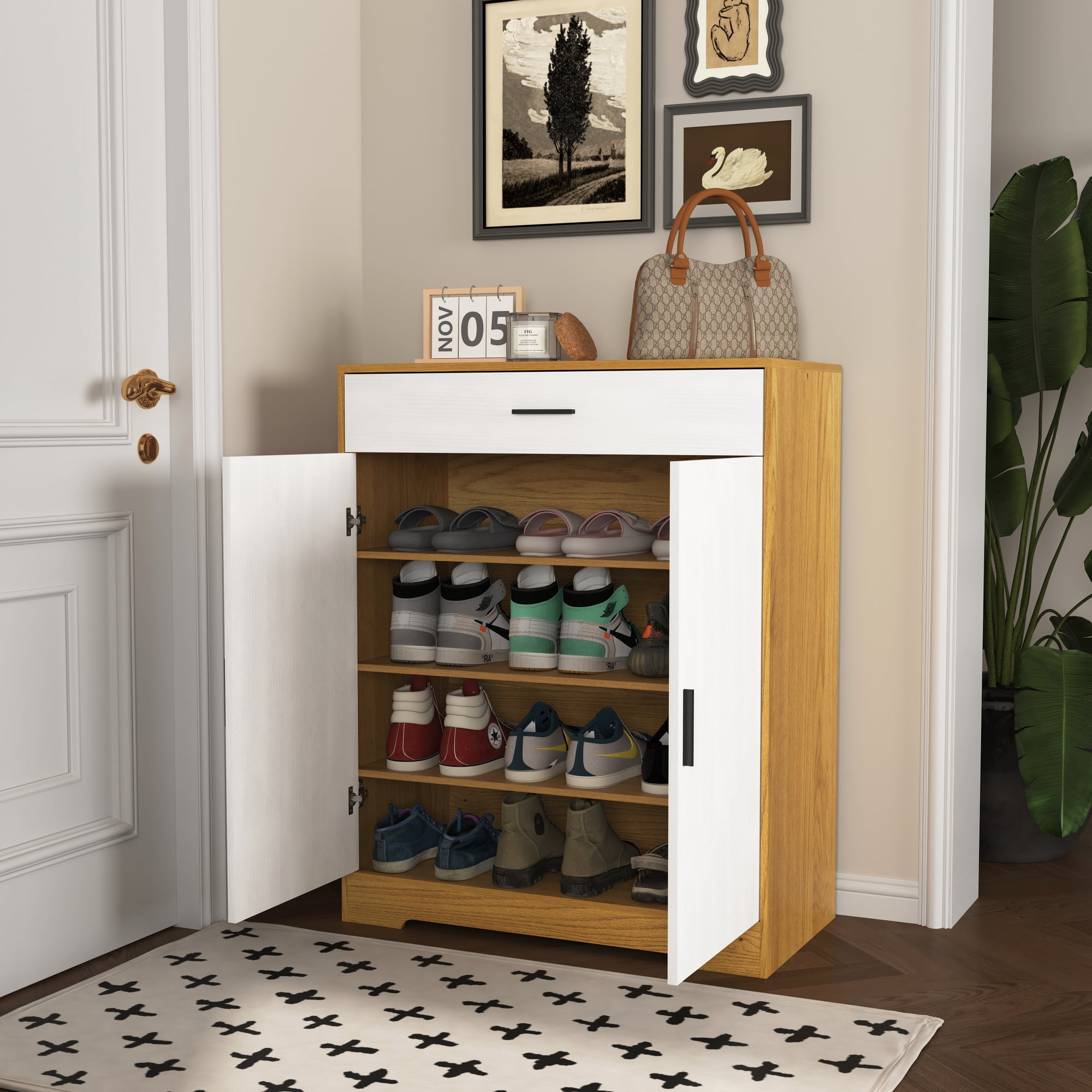 Noble House 4-Tier Shoe Storage Cabinet with Drawer, Adjustable Shelves, Natural and White