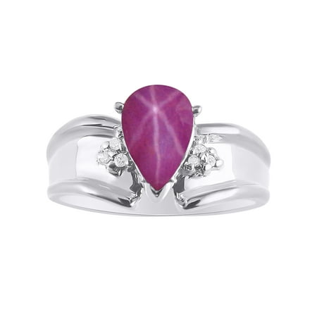- Pear Shape Star Ruby & Diamond Ring Set In Sterling Silver - Color Stone Birthstone & Diamond Ring DSL-LR6821RSW