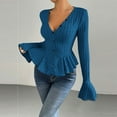 thumbnail image 2 of DAFPZW Womens Bell Sleeve Peplum Sweaters Fashion Fall V-Neck Button Down Elegant Ruffle Hem Sexy Slim Knit Tops Clothes, 2 of 5