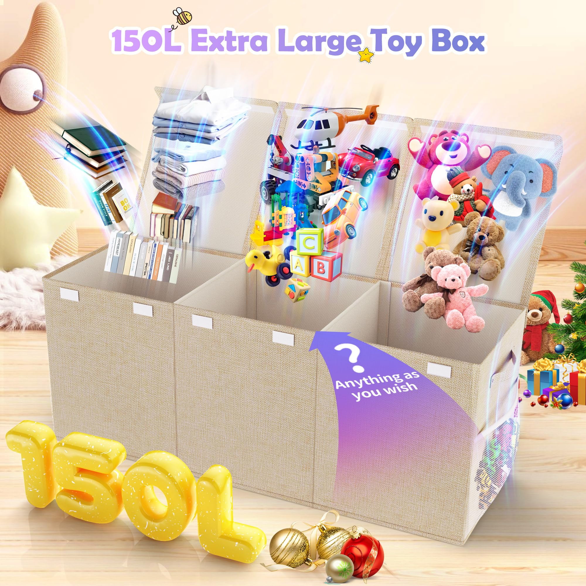 Extra Large Toy Box, Collapsible Sturdy Kids Toy Chest Storage Box with 3 Side bags and Removable Lids, 40"X14"X16"，large toy box for Nursery Room, Playroom,Closet,Home Organization,School，Deep beige