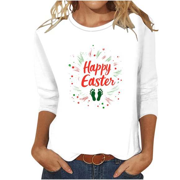 Otoño 3/4 Manga Tops para las Mujeres 2025 Pascua Impreso Cuello Redondo, Suelto Casual Camiseta de Poliéster