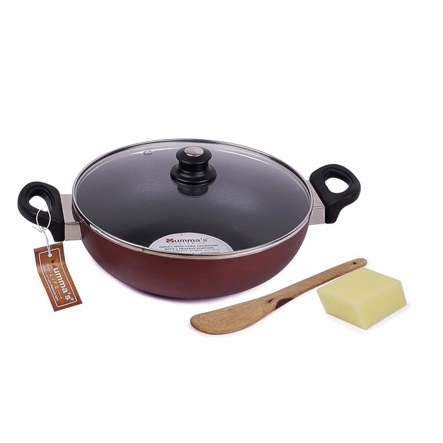 Mumma's LIFE Non Stick Kadai with Glass Lid with Riveted and Virgin Bakelite Handle PFOA/Heavy Metal Free (Induction and Gas Stove Friendly) - (24CM, RED)