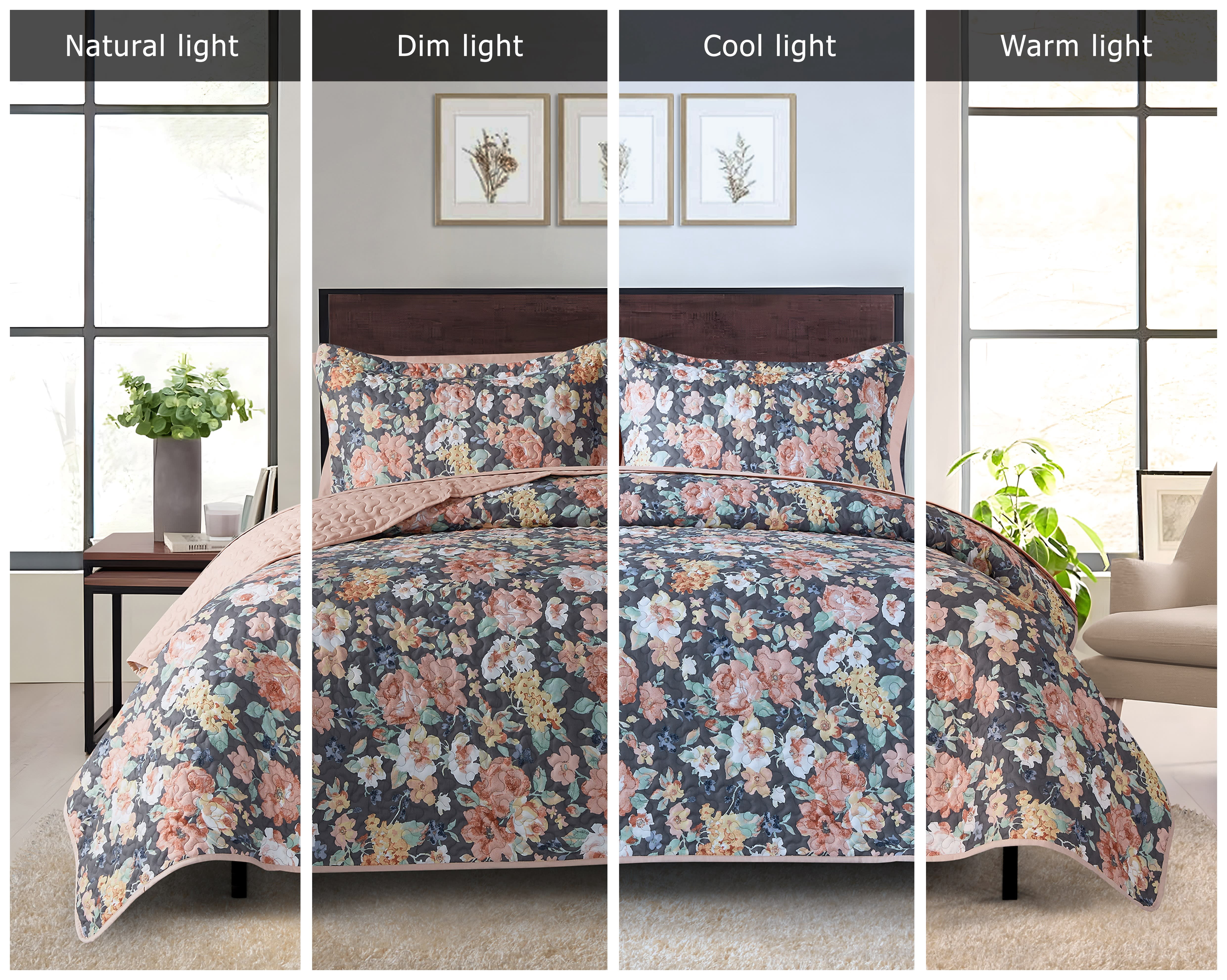 Mainstays All in One Lightweight Quilt Set and Sheet Set -7 Piece, Queen, Gray Floral