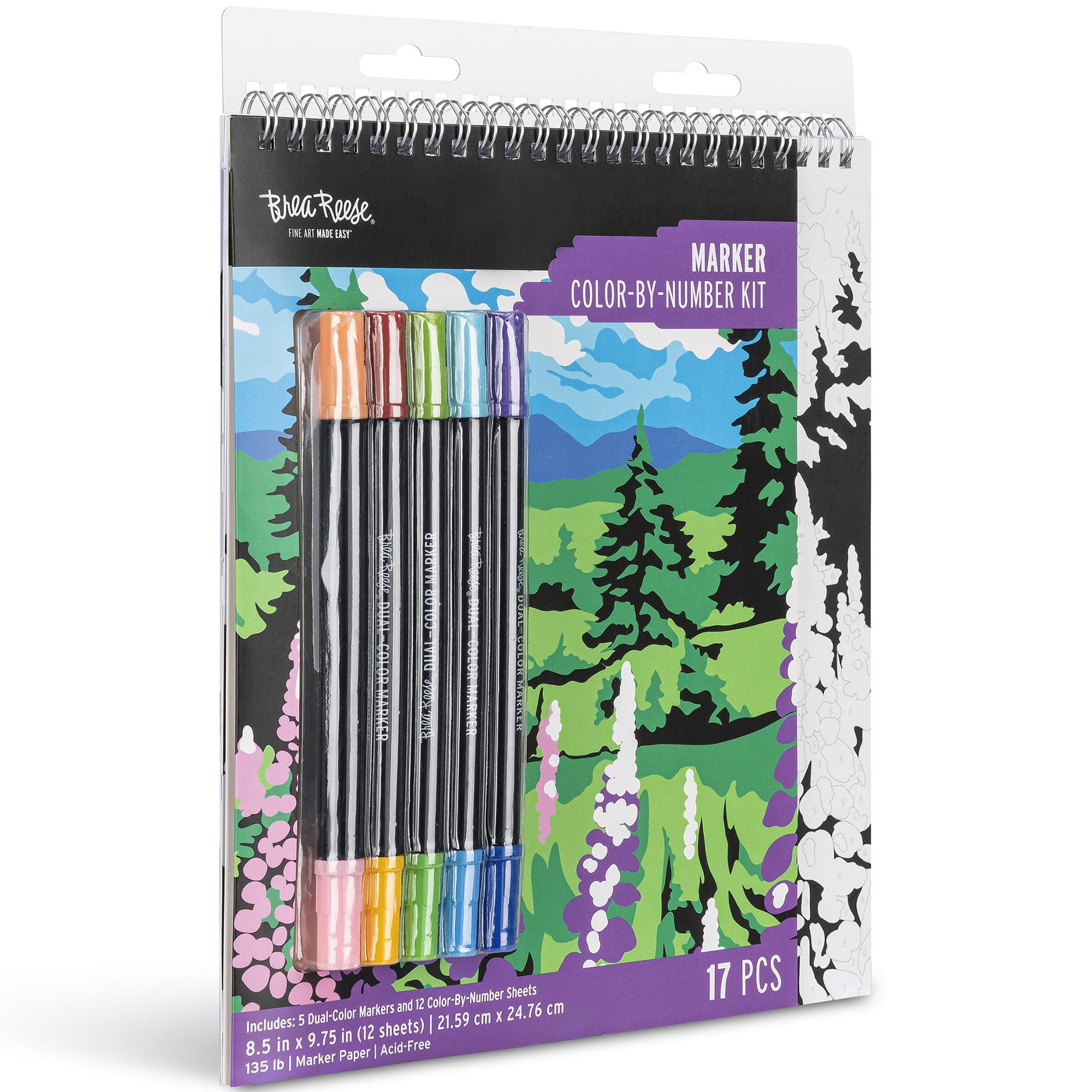 Brea Reese: Marker Color-by-Number Kit - Mountain Landscapes - 5 Dual-Tip Markers, 12 Designs, Guided Art, 8.5 x 9.75" Pages, Adult Spiral Art Pad