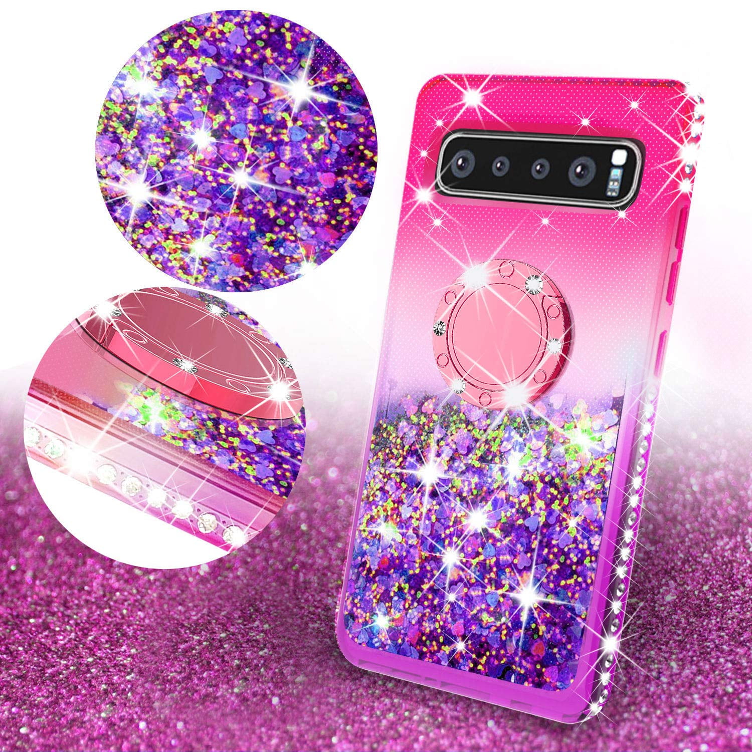 Tznzxm for Galaxy S10 Plus Case Glitter Floating TPU Gradient Quicksand Shockproof Bling Diamond Sparkly Defender 360 Finger Kickstand Ring Protective Case for Samsung Galaxy S10 Plus Grey/Pink 