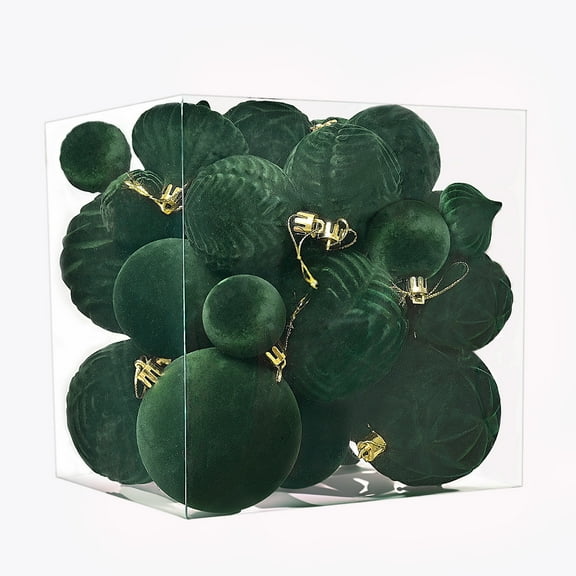 HCBY 36pcs Green Velvet Christmas Ball Ornaments, Burgundy Painted Xmas Tree Decorations, Shatterproof Special-shaped Xmas Ornaments Set with 5 Styles in 3 Sizes(Small Medium Large)